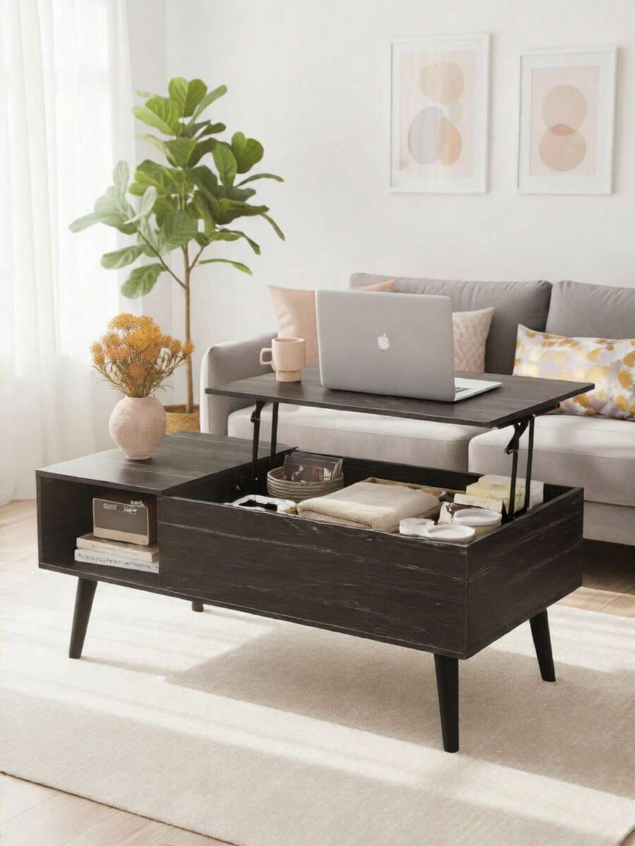 39" Lift Top Coffee Table With Hidden Storage Compartment & Open Shelf, Rustic Farmhouse Wood Coffee Table With Storage For Living Room, Home Office & Small Apartment - Black Oak - 查看 1
