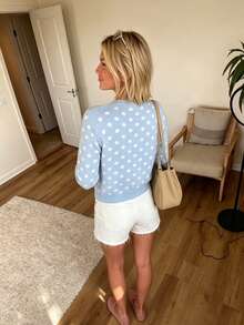 FOR BEAUTY Fall Winter Women Cardigans Y2K Elegant Cute Light Blue Polka Dot Crew Neck Button Down Knit Cardigan Tops Casual Party Going Out Outfits - Blue and White - View 7