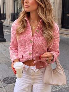 Women's Pink Knitted Long Sleeve Cropped Top With Gold Buttons, Fashionable Round Neck Sweater, Suitable For Spring And Autumn - Pink - View 3