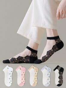 ZUJO 5 Pasang Kaos Kaki Pendek Jala Transparan Wanita, Motif Bunga & Berlian, Cocok untuk Pemakaian Sehari-hari di Musim Semi, Gugur, dan Musim Panas, Minimalis, Warna Acak - MultiWarna - View 2