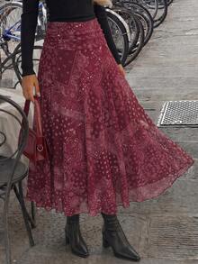Women's Fashion Holiday Cashew Pattern Printed Pleated Maxi Skirt - Red - View 1