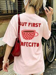 Lustiges Kaffee-Slogan Muster T-Shirt Damen Große Größen Locker Rundhals Kurzarm Kaffeeliebhaber Lässige Mode Minimalistisch Lässiges Top Rosa Sommer - Pink - Übersicht 4