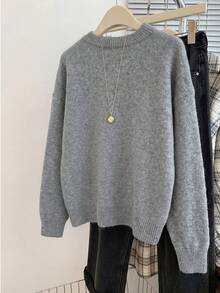 Women's Fashion Casual Embroidered Letter Pattern Crew Neck Long Sleeve Knit Pullover Sweater,Autumn/Winter Top,Back-To-School Outfits - Grey - View 2