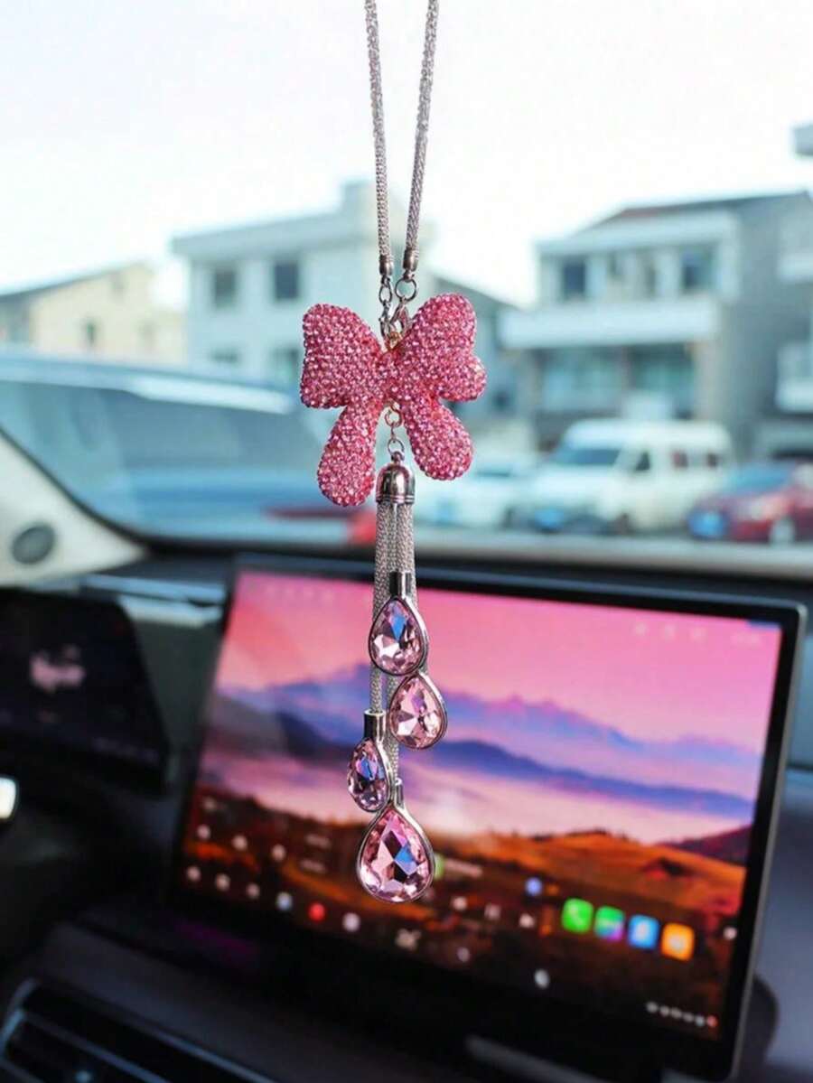 1件閃亮蝴蝶結車用後視鏡掛飾,水晶感水滴流蘇後視鏡吊飾,亮麗甜美女性車內吊飾裝飾,可愛汽車配件 - A - 查看 1