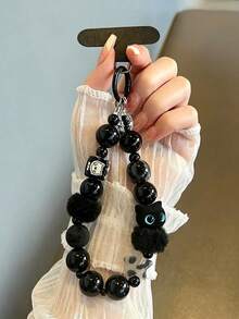 1PC Black Plush Cat Phone Lanyard Beaded Wrist Strap Car Key Chain Bag Charm Phone Hanging Chain With Free Spacer (Randomly Sent With Round Tag Or Without Round Tag) - Multicolor - View 3