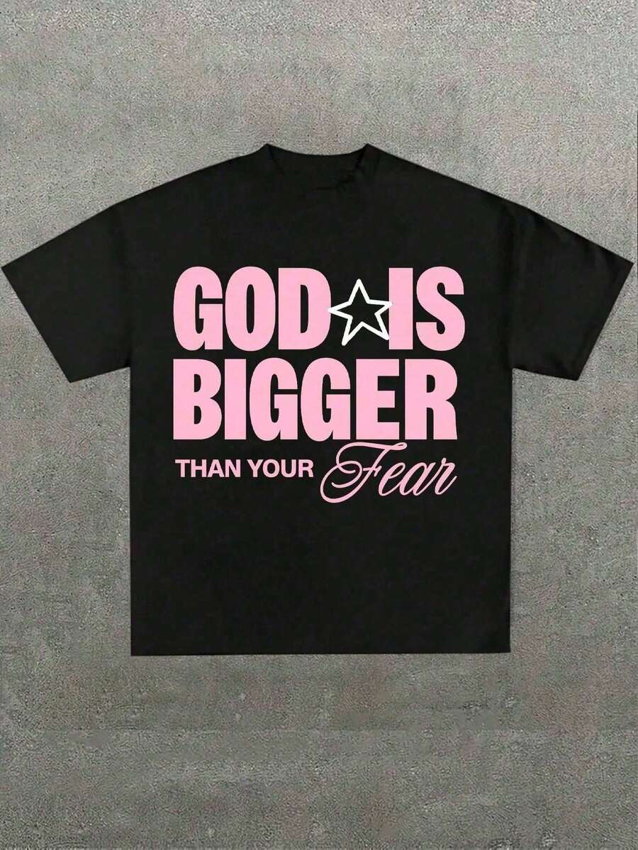 Unisex T-Shirt God Is Bigger Slogan Graphic Tee Y2K Baby Tee Faith - 黑色 - 查看 1