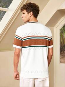 Whitmere Men's White Brown Green Geometric Pattern Knit Short Sleeve T-Shirt, Casual Retro Style - White - View 2