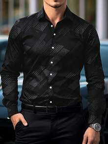 Black Base Dark Pattern Geometric Diagonal Stripe Long Sleeve Shirt, Men's Commuter Printed Shirt - Black - View 1