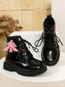 Botas de Trabalho Minimalistas Brilhantes para Meninas Outono/Inverno com Patch de Estrela, Sola Grossa Durável, Botas Curtas Casuais de Tornozelo para Escola - Rosa chiclete - Visão 5
