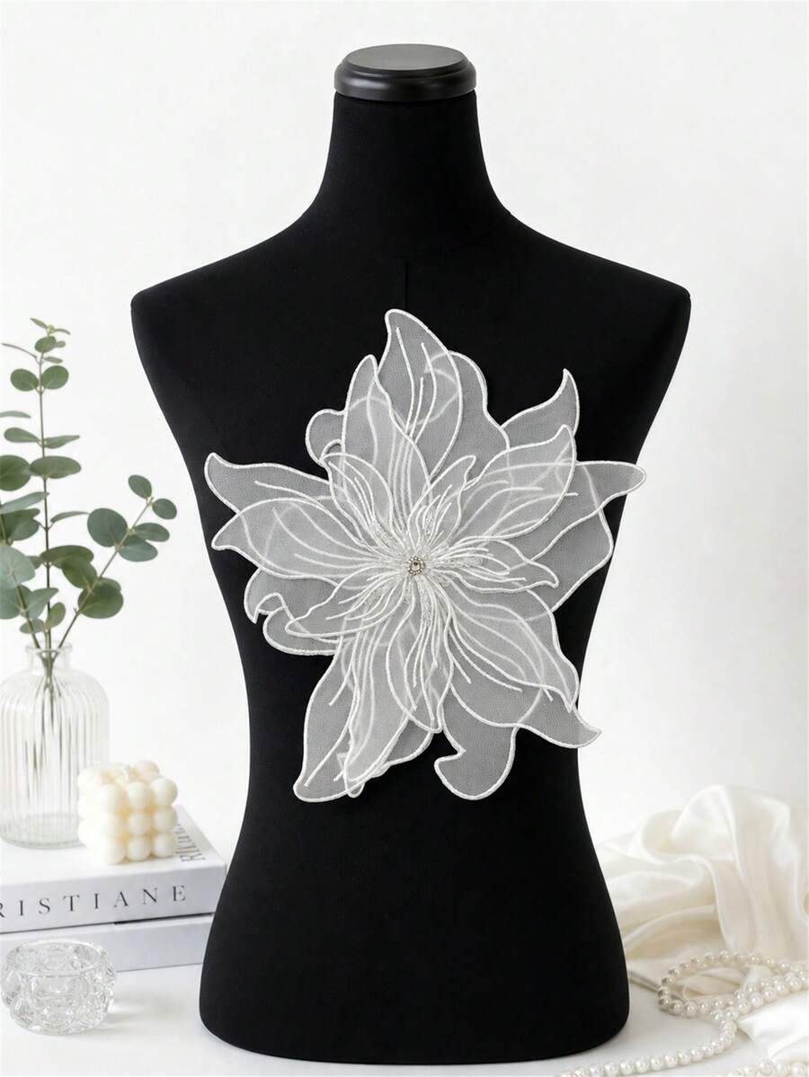 1pc Women White Sheer Organza Flower Applique Patch With Embroidered Edge, 3D Floral Sew On Patch For Dress DIY Decoration - White - View 1