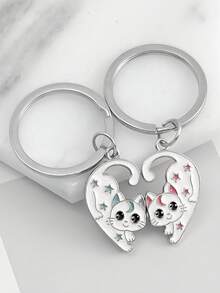 Matching Couple Cat Keychains Set, Cute Enamel Cartoon Kitten Split Heart Key Rings, BFF Best Friend Lover Matching Key Chain Pendant - Multicolor - View 7