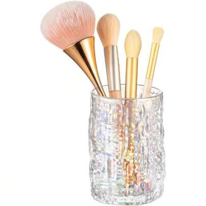 Glass Makeup Brush Holder Organizer, Multifunctional Cosmetic Storage Cup, Vintage Makeup Organizer Vanity, Bathroom Countertop Toothbrush Holder, Desk Pen Pencil Holder (Iridescent)