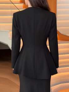 Women's Elegant Commute Long Sleeve Open Front Waist-Cinching Blazer (With Shoulder Pads) Solid Color Office Daily Autumn/Winter - Black - View 3