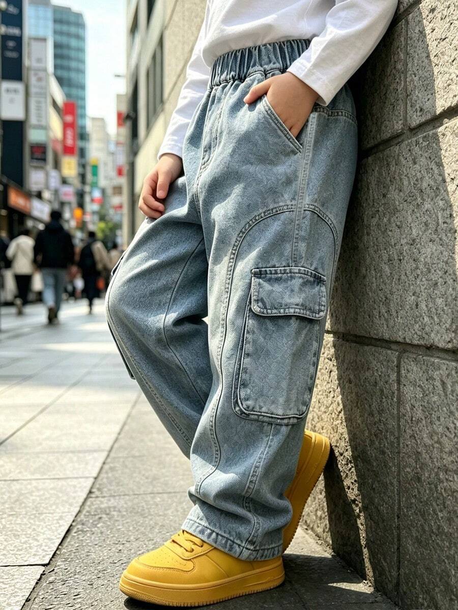 Tween Boys' Autumn Loose Fit Straight Leg Cargo Denim Jeans With Large Pockets, Suitable For Back To School, Daily, Home And Outdoor Casual Wear - Baby Blue - View 1