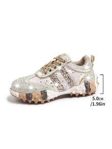Women's Ivory Lace-Up Chunky Sneakers With Rhinestone Floral Lace Panels, Glitter Laces, Round Toe And Sculpted Contrast Sole - Gold - View 6