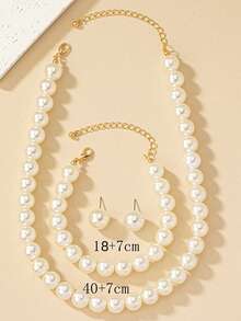 1 Set 4pcs Fashionable Minimalist Daily Wear Faux Pearl Earrings & Necklace Set, Vintage Collarbone Chain Accessory, Suitable For Ladies' Casual Outfits - Gold - View 2
