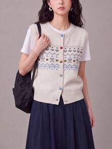 Women's Autumn Casual Minimalist Multi-Color Button Design Round Neck Cardigan Vest - Apricot - View 5