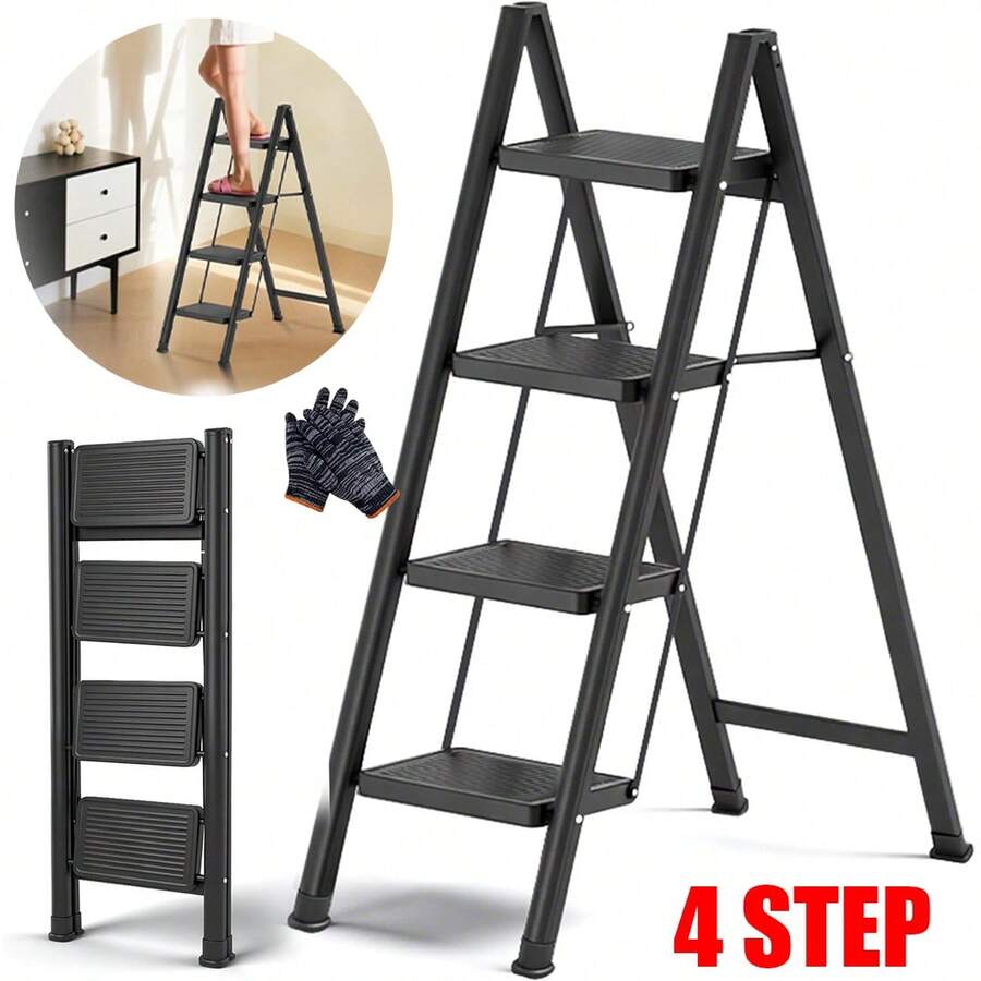4-Step Folding Ladder - Portable Metal And Plastic Step Stool, Sturdy Non-Slip Grip Steps & Wide Base For Indoor Home Repairs, Garage, Kitchen, Bathroom - 4-step - View 1