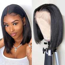 Dollface Short Bob Lace Front Wigs Made Of Human Hair, 13x4 Lace Design, With Smooth Styles And 200% Density For Women. HD 13x6 Transparent Lace Front Wig, Pre-Plucked With A Natural Hairline. 4x4 And 5x5 Straight Human Hair Wigs. - Natural Black - View 3
