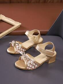 1 Pair Gold Mesh Sequin Chunky Heel Sandals, Suitable For European And American Young Girls, Elegant High Heel Sandals, Perfect For Summer Daily Outings - Gold - View 6