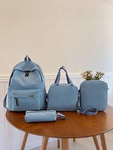 4-Piece Back To School Minimalist College Style Backpack Set, Backpack + Tote Bag + Crossbody Bag + Stationery Organizer Bag Matching Set, Large Capacity With Laptop Compartment Campus Commuter Bag, Solid Color Youth Backpack, With Adjustable Shoulder Straps, Multi-Layer Storage Space, Lightweight Zipper Storage Set, Suitable For Fresh Graduates, Students, Young Girl, For Outdoor Travel And Daily Campus Use - Multicolor - View 17