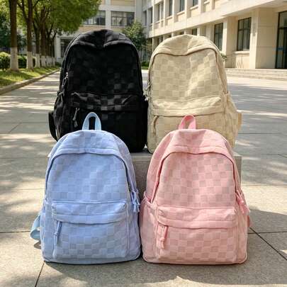 1個 カジュアル カレッジスタイル チェッカーボード柄 キャンパスバックパック、軽量 大容量 ノートパソコン収納付き スクールバッグ、調整可能なショルダーストラップ ブックバッグ、ティーンエイジャー/学生/卒業生/若者に適しています、日常使用、外出、旅行、学校、...