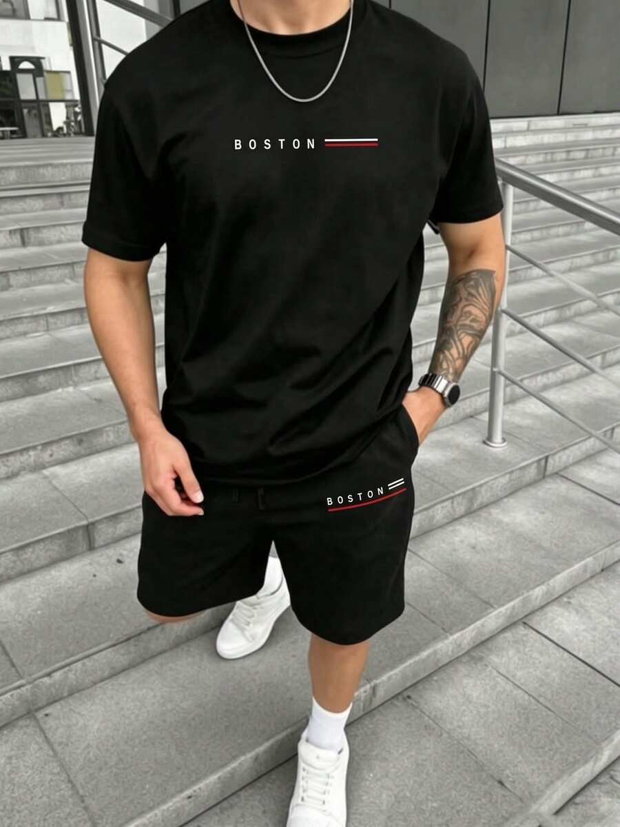 Men T-Shirt Co-Ords - Black - View 1