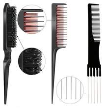 3pcs Hair Styling Comb Set | Teasing Backcombing Brush + Stainless Steel Pin Rat Tail Parting Comb + 5 Prong Root Lift Pick Comb, Salon & Household Hair Braiding Volumizing Tools - Black - View 6