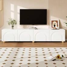 TV Stand Lowboard Arch Relief 4 Doors Metal Legs Living Room Storage - 白色 - 查看 3