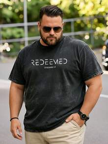 Plus Size Men's Christian Faith Letter Print Washed Casual Crew Neck T-Shirt - Black - View 2