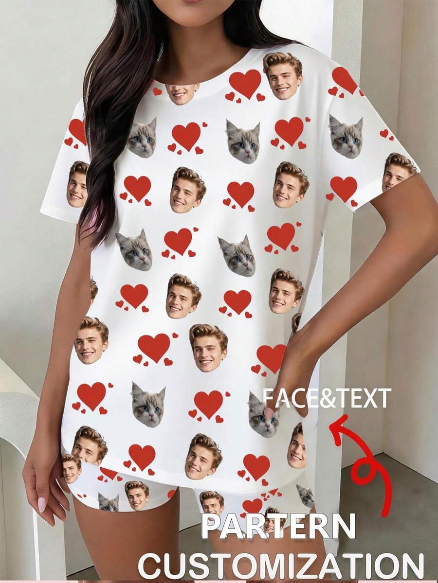 1pc Women Custom Photo Lips Print Soft Loose Short Pajama Set Casual Valentine Loungewear - White - View 1