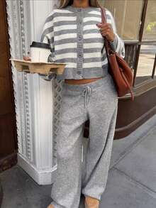 Women's Regular Casual Striped Drop-Shoulder Button-Down Long-Sleeved Business-Wear Wide-Leg Trousers Set Business Outfit Two Pieces Set, Fall Winter - Multicolor - View 3