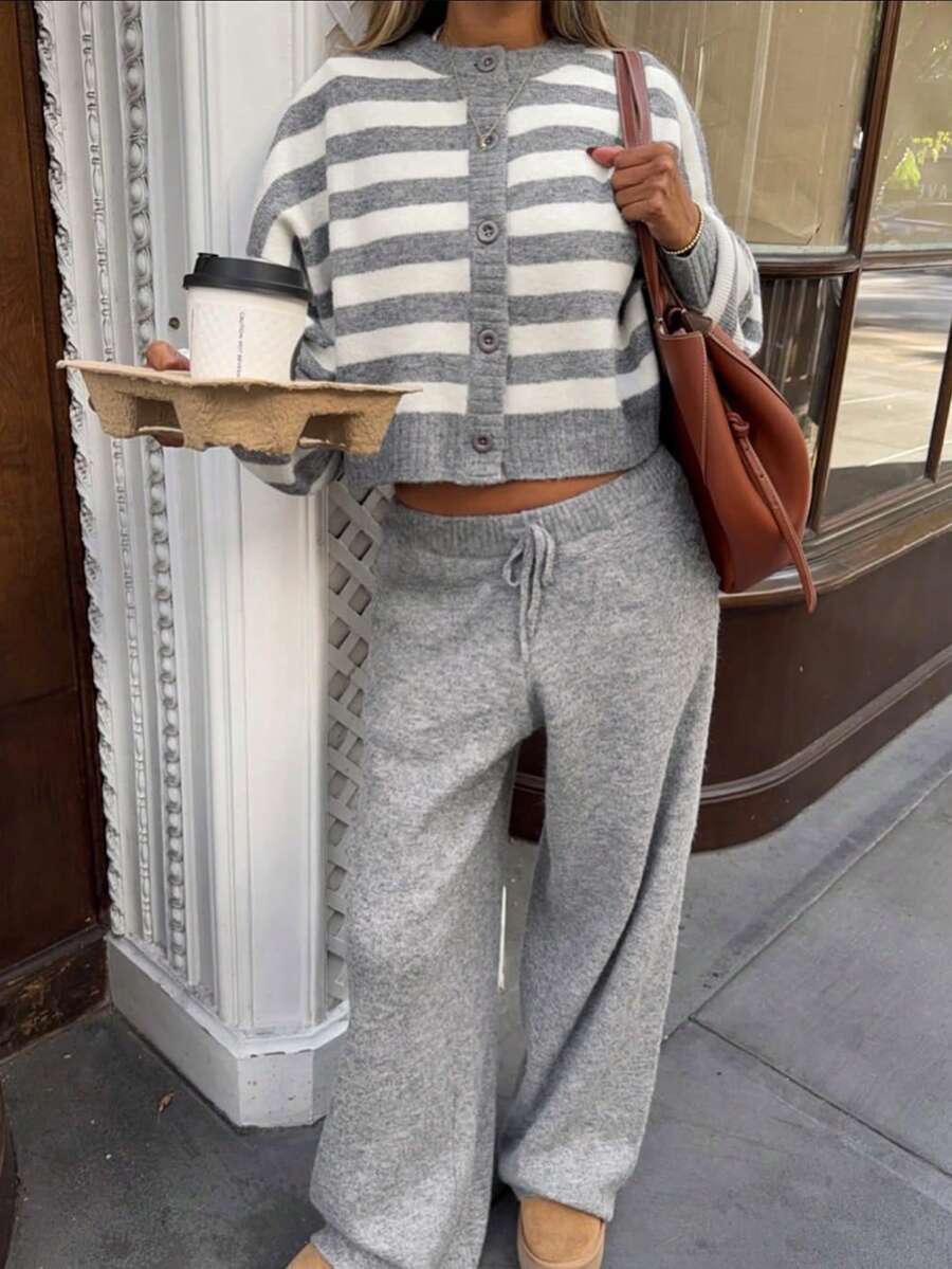 Women's Regular Casual Striped Drop-Shoulder Button-Down Long-Sleeved Business-Wear Wide-Leg Trousers Set Business Outfit Two Pieces Set, Fall Winter - Multicolor - View 1