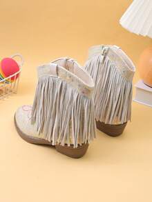Girls' Kids' Short Mid-Calf Boots, Glitter Embroidered Tassel High Heel Western Boots, Color Block Round Toe Side Zipper - Beige - View 4