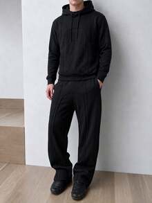 HEYKESON Men's Casual 2 Pieces Set, Curved Contrast Stitch Hooded Sweatshirt With Drawstring Hood And Wide Leg Elastic Waist Sweatpants, Daily Streetwear Outfit - Black - View 2