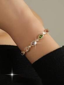 1pc Exquisite Chain Bracelet With Inlaid Oval Multi-Colored Cubic Zirconia, Elegance Jewelry For Bridal Wedding, Birthday Gift, Party & Daily Wear - Multicolor - View 2