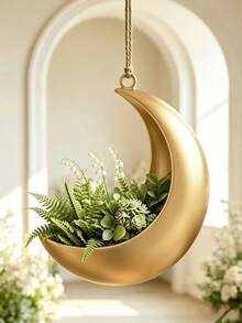 1/2pcs 3D Printed Luxury Metallic Gold Crescent Moon Hanging Planter, Hemp Rope Suspended Air Planter, Suitable For Succulents, Baby's Breath, Hydrangea Artificial Flowers, Bedroom Balcony Wall Star Moon Style Soft Decoration Flower Pot - Crescent Moon - View 8
