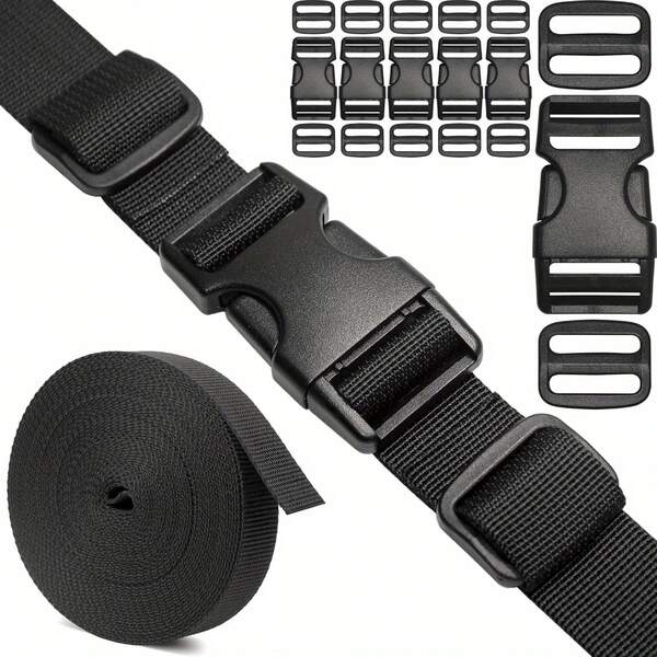 Ensemble de sangles et de boucles : 6 yards de sangle en nylon, 6 pièces de boucles à dégagement latéral, 12 pièces de glissières à trois crans, boucle de remplacement à clip en plastique à fixation rapide