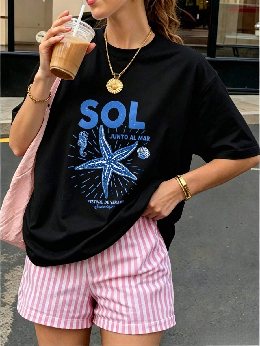Sea Creature Print Asymmetric Neck Loose T-Shirt, Summer Short Sleeve Tee - style2 - 查看 1