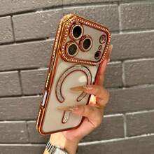 Gold-Plated Shiny Diamond Rhinestone Magnetic Wireless Charging Phone Case, Compatible With IPhone 17 Pro Max; Soft Shell, Compatible With 11-17 Series - Orange - View 1