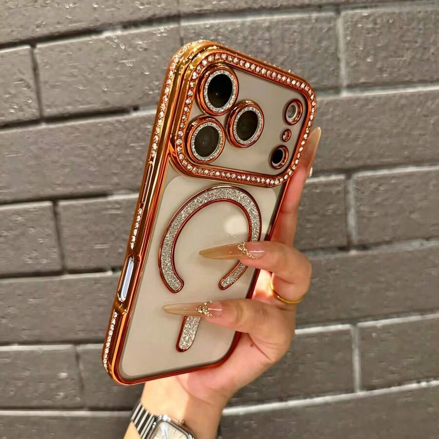 Gold-Plated Shiny Diamond Rhinestone Magnetic Wireless Charging Phone Case, Compatible With IPhone 17 Pro Max; Soft Shell, Compatible With 11-17 Series - Orange - View 1