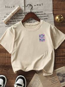 Girls Summer "Ocean Season" Starfish & Shell Print T-Shirt, Casual Round Neck Beach Style Short Sleeve Top - Apricot - View 4