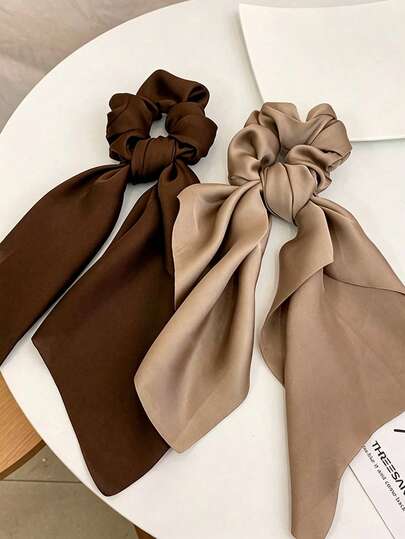 2pcs Women's Brown Khaki Large Silky Satin Ribbon Scrunchies, Fashionable Versatile Premium Elegant Minimalist Solid Color Hair Ties, Suitable For Daily Wear, Casual, Party, Commute, Beach, Vacation, Ponytail, Updo, Washing Face, Bathing, Makeup, Outfit Matching, Hair Accessories