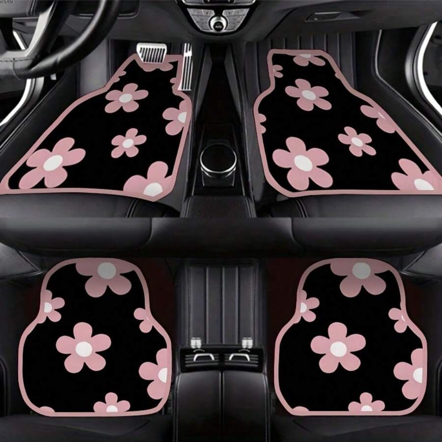 4pcs Floral Pattern Car Floor Mats, Suitable For Front And Rear Seats Of Sedans, Universal Fit, SUV Models, Interior Decoration, Protect Car Floor - A - View 1