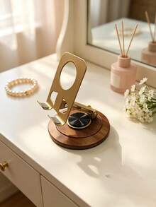 1pc Walnut Wood Base Metal Bracket 360 Degree Rotating Foldable Thickened Solid Wood Multi-Compatible Phone Tablet Universal, Portable Foldable Desktop Phone Stand, Compact Phone Stand, Suitable For Desktop, Office, Kitchen And Bedroom - A - View 6
