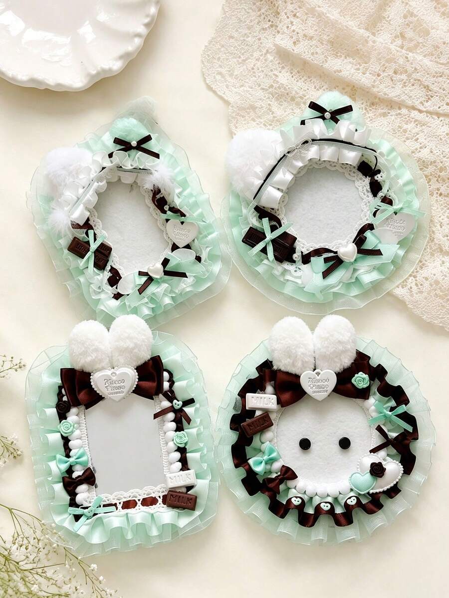 Tempat Kartu Bus/Kartu Identitas Motif Bunga Renda Hijau Mint Segar, Kotak Pelindung Penyimpanan Kartu Kampus untuk Pelajar Gaya Feminin dengan Pita Cokelat dan Telinga Kelinci Mewah - hijau - View 1