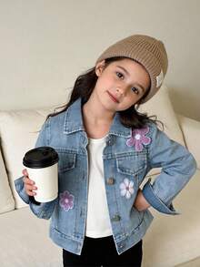 Young Girls Jackets & Coats Spring/Autumn New Cute College Style Towel Embroidery Flower Patch Decor Classic Retro Versatile Blue Denim Jacket Long Sleeve Short Top Back To School - Blue - View 2
