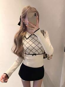 秋冬韓系甜美休閒風女款菱格紋蝴蝶結針織毛衣，翻領拼色學院風上衣，秋季穿搭 - 杏色 - 查看 1