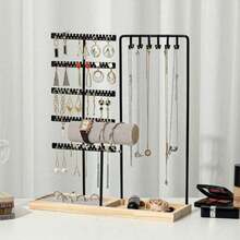 1pc Detachable Double-Door Jewelry Display Stand, Wooden Base, Suitable For Earrings, Necklaces, Pendants, Desktop Storage Rack, Ideal For Gifts Or Commercial Use, Suitable For Valentine's Day, Back To School, Holidays, Jewelry Storage, Bedroom And Other Occasions - Log Base + Single Rod Double Door - View 1