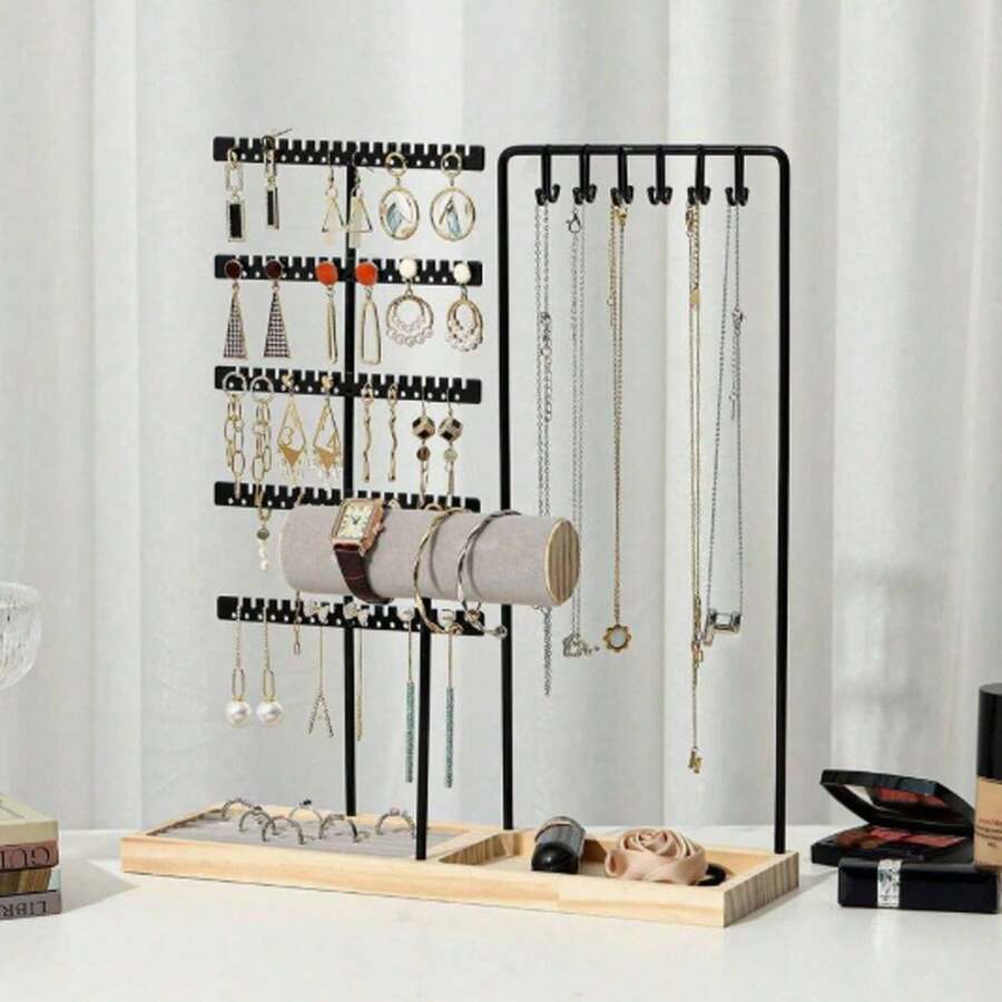 1pc Detachable Double-Door Jewelry Display Stand, Wooden Base, Suitable For Earrings, Necklaces, Pendants, Desktop Storage Rack, Ideal For Gifts Or Commercial Use, Suitable For Valentine's Day, Back To School, Holidays, Jewelry Storage, Bedroom And Other Occasions - Log Base + Single Rod Double Door - View 1